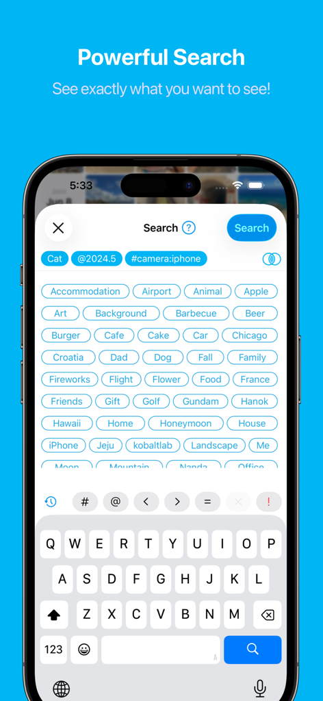 HashPhotos - HashPhotos mobile app search screen with advanced tags and filter categories