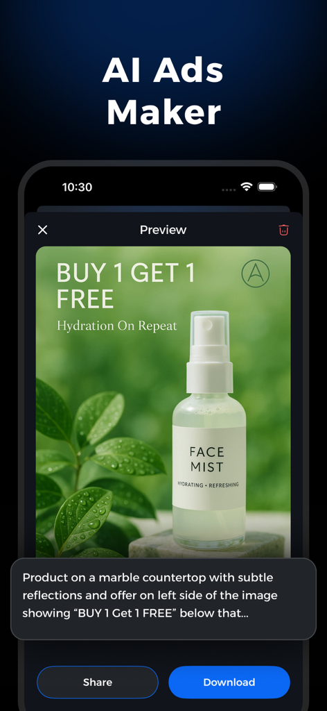 AI Background Generator - BGFX - Interface do Criador de Anúncios com IA no aplicativo BGFX exibindo um anúncio gerado para um produto de spray facial com uma promoção de compre um, leve um grátis.