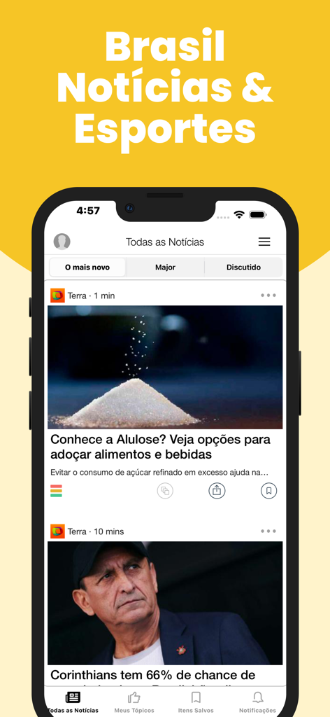 Brazil News Stay Informed - A smartphone displaying the Brazil News Stay Informed app feed with articles in Portuguese about health and soccer