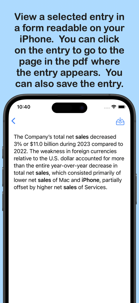 Pdf Text Search - PDF文書から抽出された読み取り可能なテキストエントリと、ハイライトされたキーワードを表示するiPhone画面