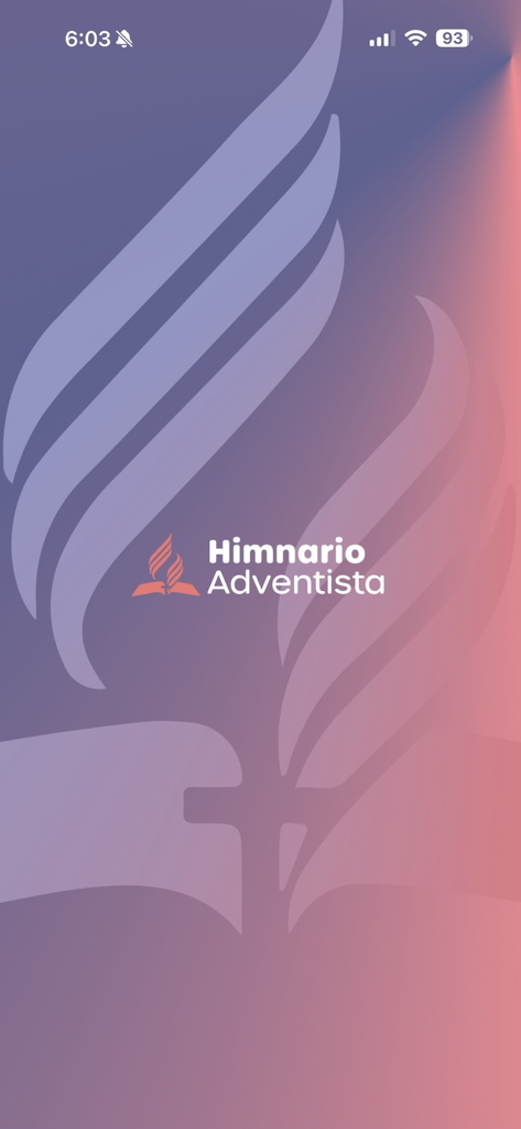 Himnario Adventista Completo - Splash screen of the Himnario Adventista Completo app featuring the official Adventist logo and title on a purple gradient background.