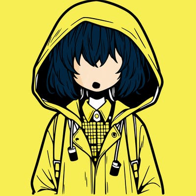 little anime girl in a raincoat her hair is covering her eyes she has a lighter