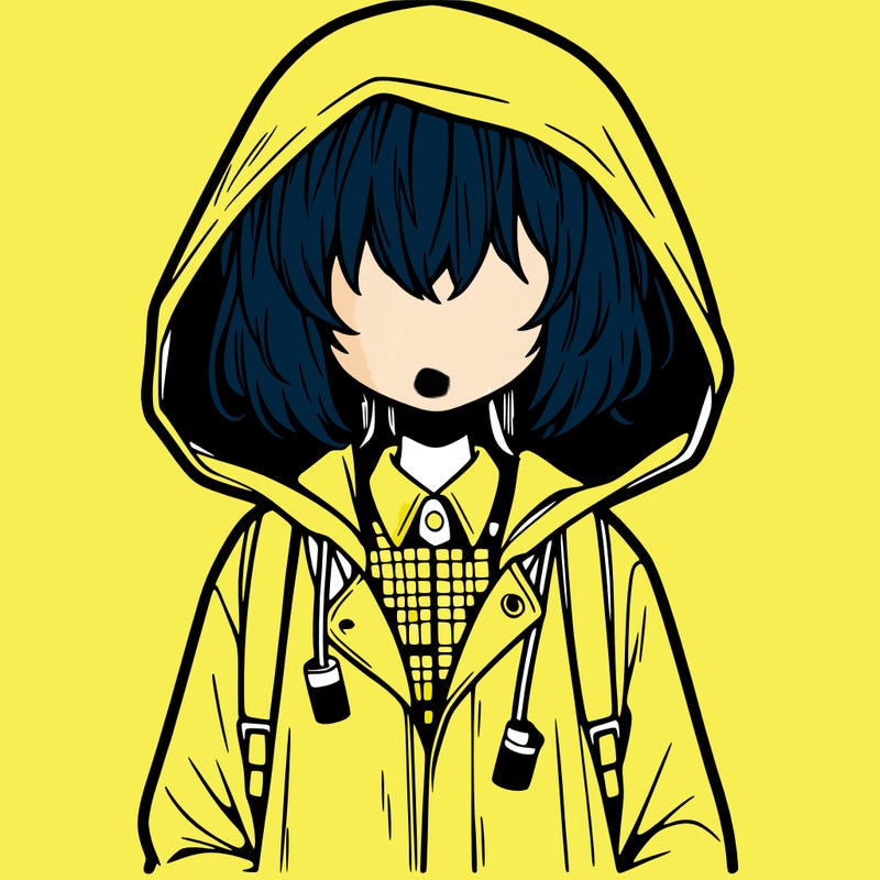 little anime girl in a raincoat her hair is covering her eyes she has a lighter