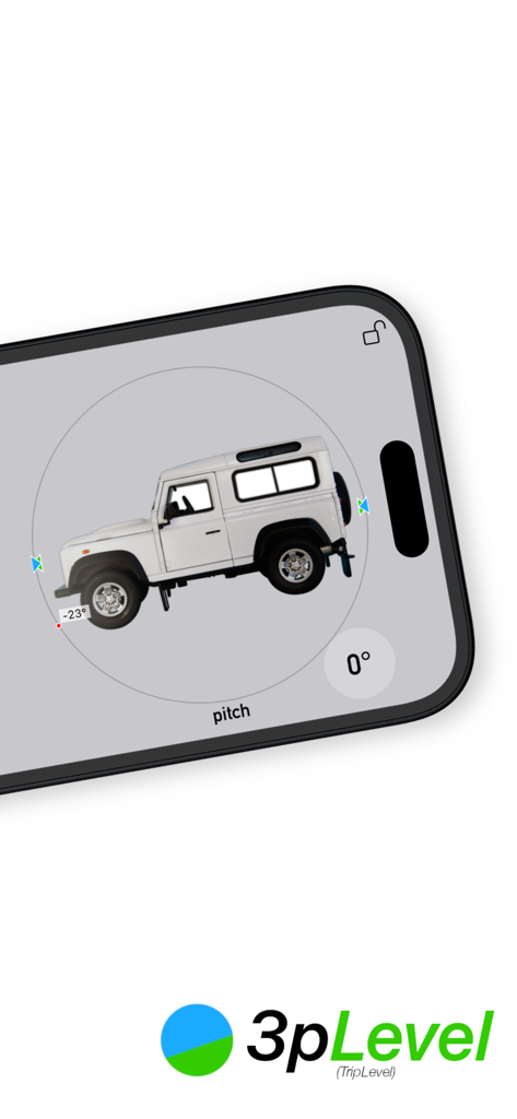 3pLevel - Inclinometer - Un smartphone mostrando la aplicación de inclinómetro 3pLevel con un vehículo blanco 4x4 mostrando un cabeceo de 23 grados.