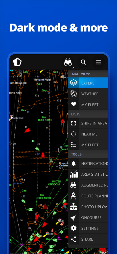 MarineTraffic app interface showing a nautical map in dark mode with vessel icons and a side menu listing features like weather and route planner.