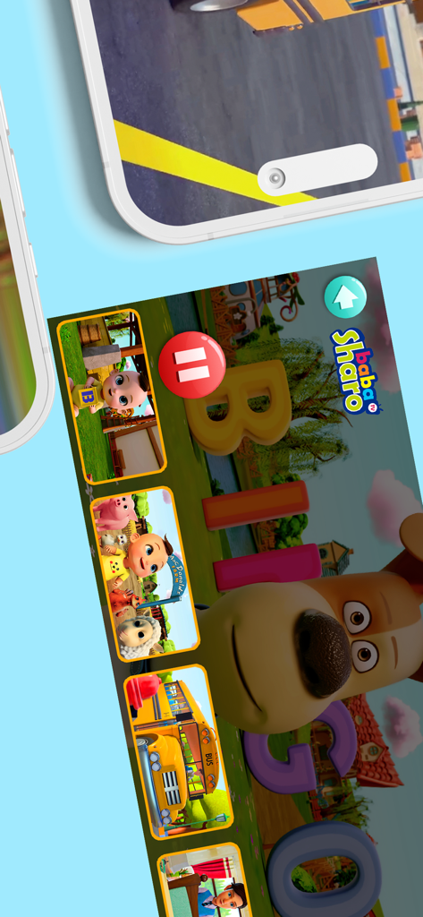 Interface de l'application mobile BabaSharo Kids montrant le lecteur vidéo de la comptine Bingo avec un menu latéral de chansons et dessins animés pour enfants.
