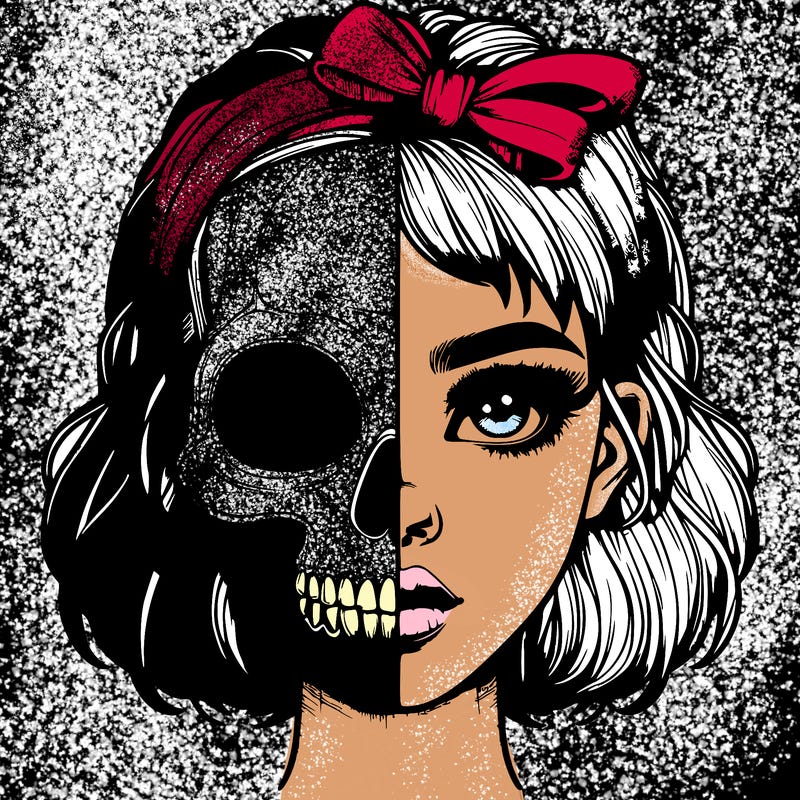 realistic girl with half skull mask