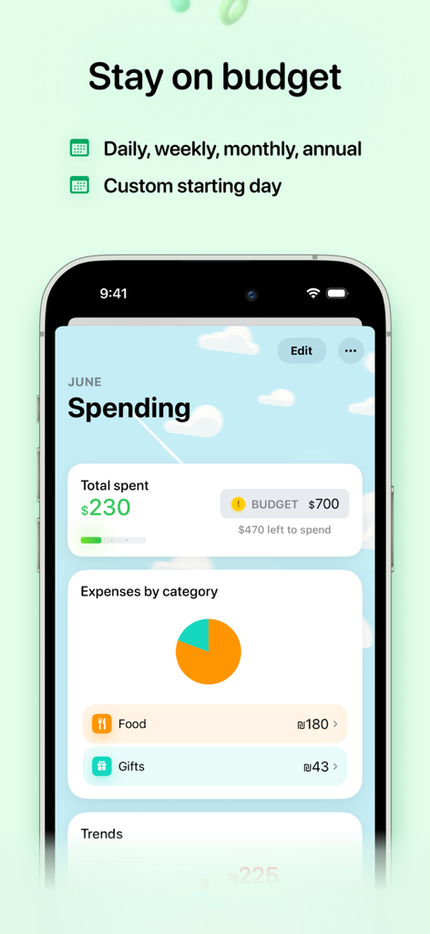 Gem - Money tracker - Gem money tracker app dashboard showing a monthly spending overview with a budget progress bar and expense category pie chart