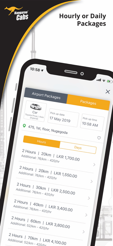 Smartphone screen of Kangaroo Cabs app showing hourly and daily taxi booking packages for travelers in Sri Lanka