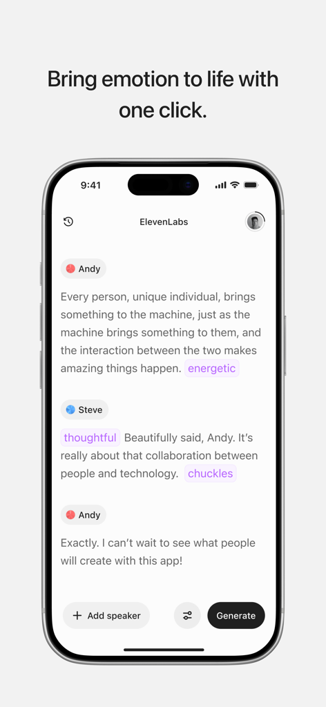 ElevenLabs: AI Voice Generator - A screenshot of the ElevenLabs app showing a script with multiple AI speakers and emotional tags like energetic and thoughtful.