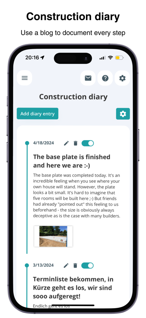 POCASIO House Building Manager - POCASIO app construction diary interface showing project milestones and photo entries