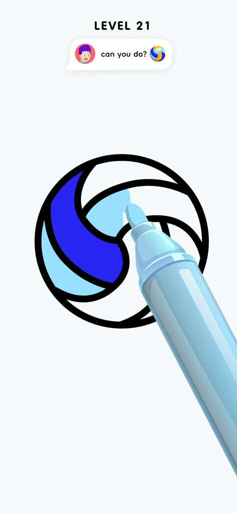 A digital coloring page of a volleyball being colored with a blue marker in the Color Page ASMR app