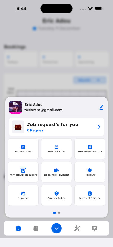 Tasko Pro - Menú de cuenta del proveedor de servicios de la aplicación Tasko Pro con solicitudes de trabajo y configuración de pagos
