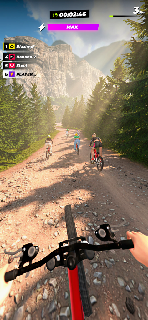 RUSH: Xtreme - First person perspective of a mountain bike race through a forest in RUSH Xtreme