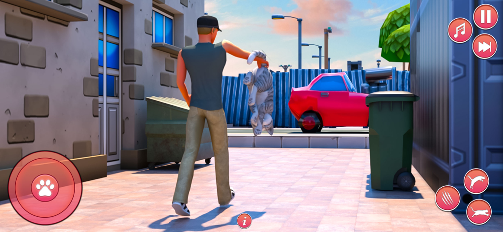 City kitty Life: Cat Simulator - City Kitty Life Cat Simulatorのシーン。キャラクターが街の通りで猫を抱いている様子が表示されます。