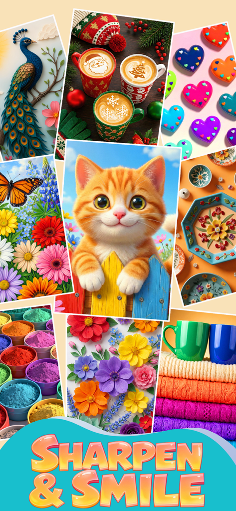 Jigmerge™ Puzzle - Collage of vibrant puzzle images including a kitten and flowers with the slogan Sharpen and Smile