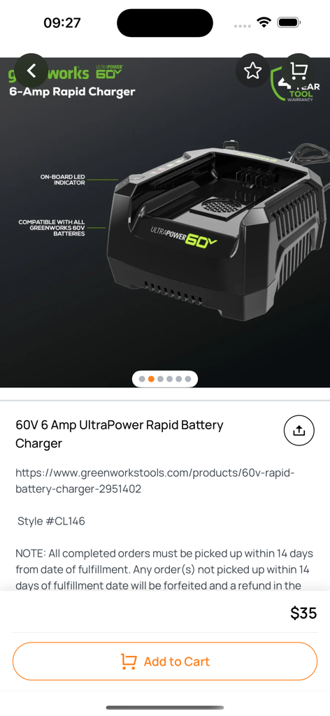 Product view of a Greenworks battery charger in the Tuckers Treasures shopping app