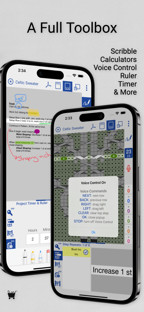 L'app knitCompanion mostra i comandi vocali e le funzioni di annotazione sullo schema