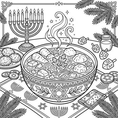 Dive into the festive spirit of Hanukkah with this charming coloring page, showcasing a comforting bowl of soup amidst traditional holiday symbols. It's the perfect way to add warmth and creativity to your celebration.