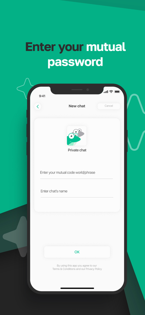 BeProg: Secure messenger - Tela do aplicativo BeProg para inserir uma palavra-código mútua e nome do chat para iniciar uma conversa anônima