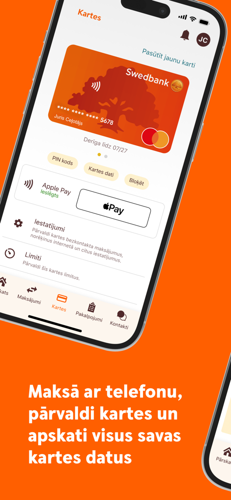 Swedbank Latvija app interface for managing payment cards and Apple Pay settings