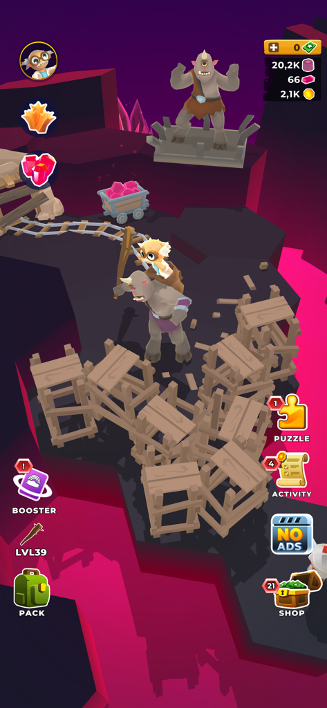 My Little Universe - Um personagem jogador montado em um ciclope gigante para destruir estruturas de madeira em Meu Pequeno Universo