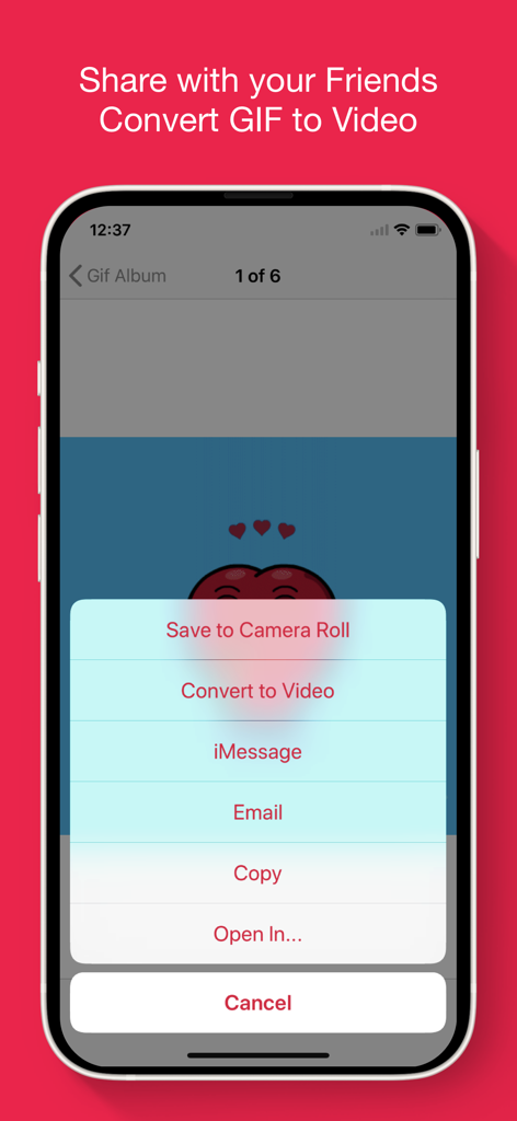 Gif Viewer & Player - Interface of the Gif Viewer app showing the menu to convert a GIF to video or share it via iMessage and email.
