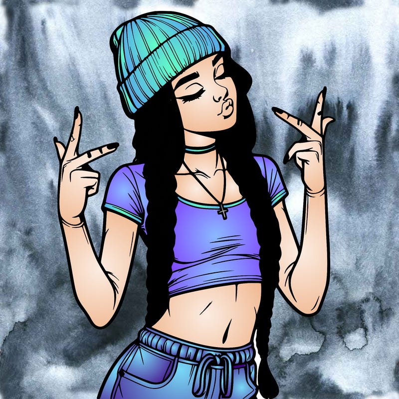 realistic teenage girl with braids and a beanie and crop top doing 🫶🏼