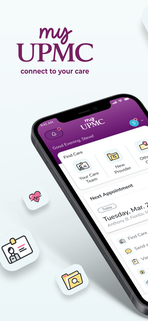 Smartphone screen displaying the MyUPMC app dashboard for managing medical appointments and health records