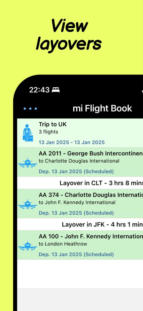Interfaz de la aplicación Flight Tracker Pro que muestra un itinerario de vuelo detallado con tiempos de escala entre vuelos de conexión