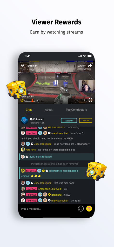 DLive · Your Stream Your Rules - Aplicación móvil DLive mostrando una transmisión de juego en vivo con chat y funciones de recompensas para espectadores