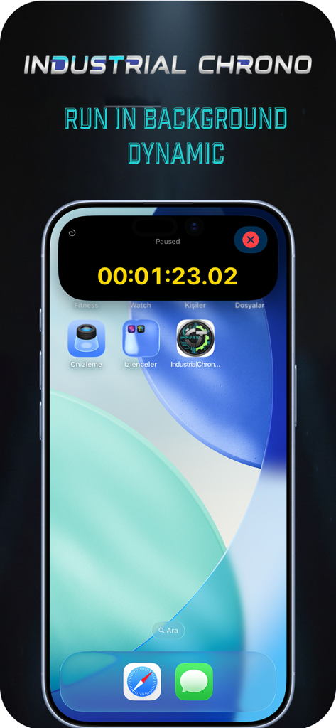 Aplicación Industrial Chronometer mostrando un temporizador activo en la Dynamic Island de un iPhone