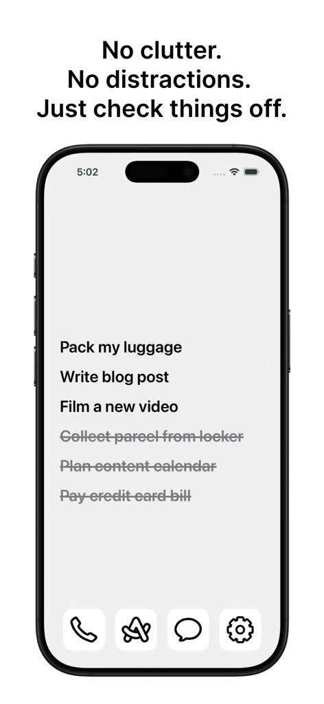 Minimalist and distraction free task list on iPhone home screen showing completed and active items