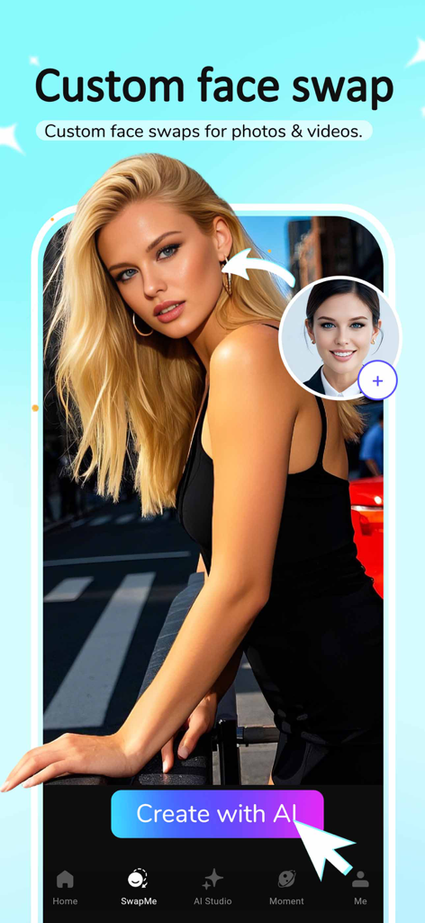 FaceFun: AI Video Generator - Screenshot of FaceFun app featuring the custom face swap tool for photos and videos using AI technology