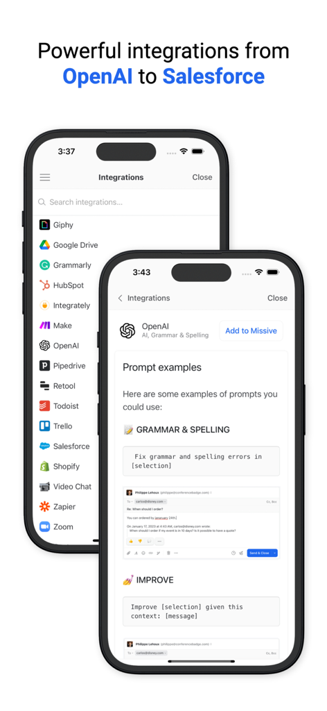 Missive - Email, Chat & Tasks - Oberfläche der Missive-App, die Integrationen mit OpenAI, Salesforce und HubSpot zur Steigerung der Teamproduktivität zeigt.