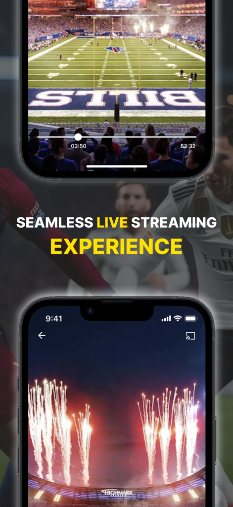IPTV Player: Live On TV & M3U - Interface do aplicativo móvel mostrando streaming de esportes e eventos ao vivo com o texto Experiência de Streaming ao Vivo Sem Interrupções