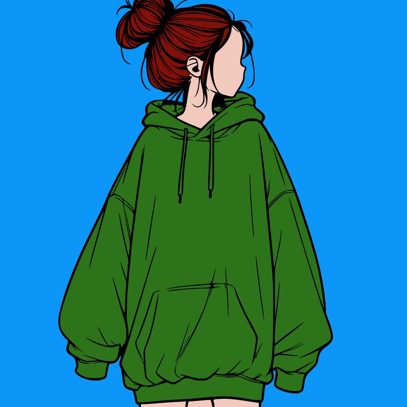 realistic girl with a oversized sweatshirt on and a bun