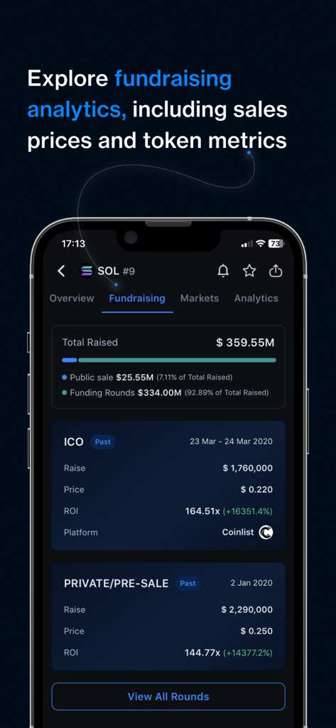 CryptoRank: Crypto Tracker App - CryptoRank mobile app interface displaying fundraising analytics and token metrics for the Solana project