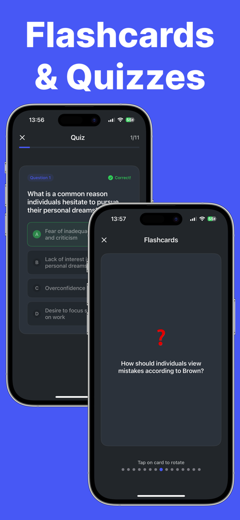 Two mobile screens displaying the Notera app interactive flashcards and multiple choice quizzes for studying.