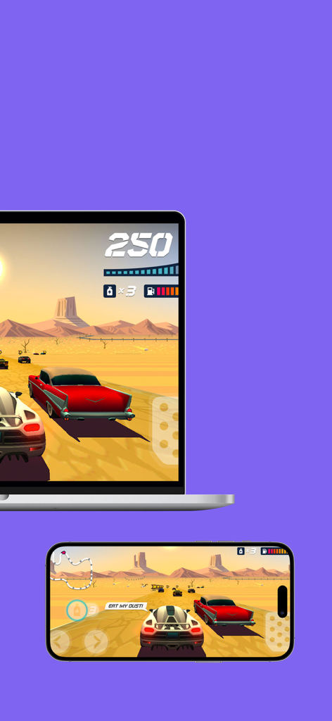 A mobile racing game being mirrored from an iPhone to a laptop screen