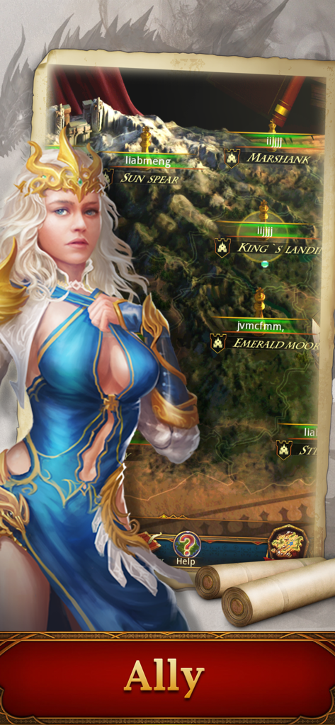 King's Empire game screenshot featuring a blonde female character and a strategic map showing allies and territories