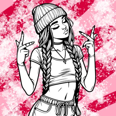 realistic teenage girl with braids and a beanie and crop top doing 🫶🏼