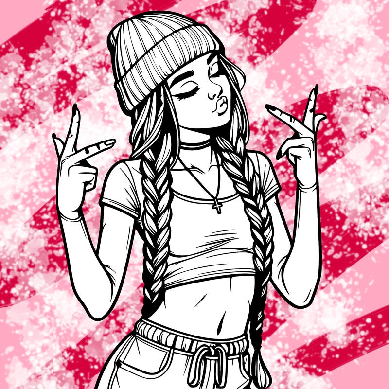 realistic teenage girl with braids and a beanie and crop top doing 🫶🏼