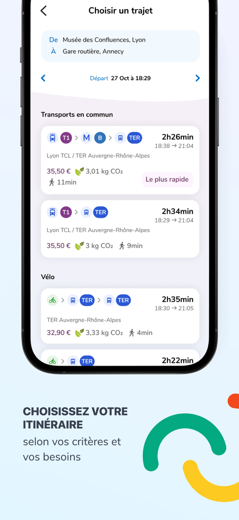 Oùra - Oura app screen displaying multiple travel routes and transport options from Lyon to Annecy