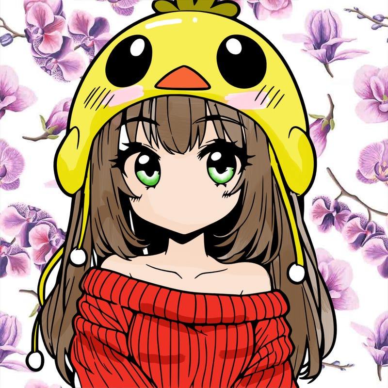 anime girl with chick shaped hat with sweater with bare shoulders with bangs covering them one eye with low tail