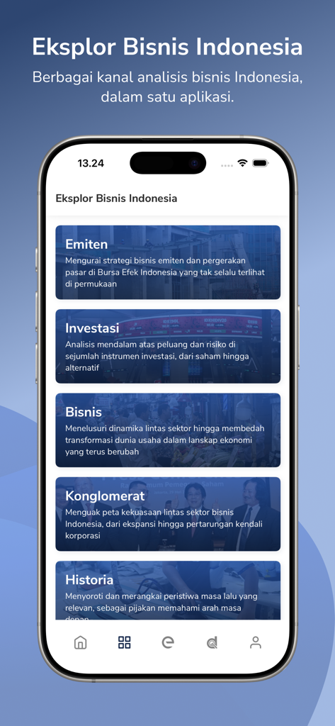 Explore screen of the Bisnis Indonesia app showing various business and investment news categories