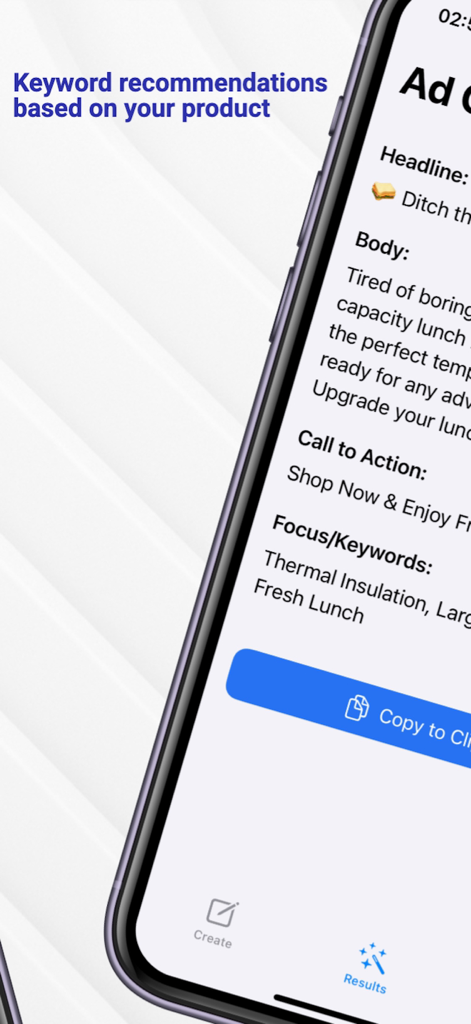 Ad Copy AI: Ads Generator - Smartphone screen showing Ad Copy AI app generating ad headlines and keyword suggestions