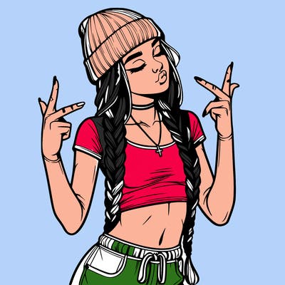 realistic teenage girl with braids and a beanie and crop top doing 🫶🏼