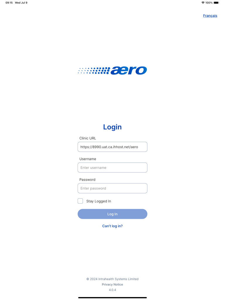 Profile hCare - Login screen for the Profile hCare clinical app featuring fields for clinic URL, username and password