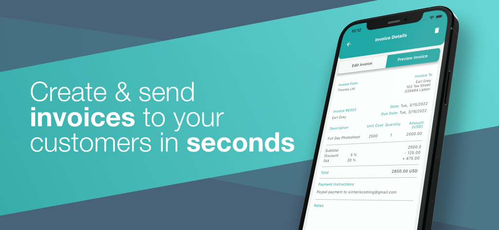 Um smartphone exibindo uma fatura profissional criada com o aplicativo Gerador de Faturas, com custos detalhados e totais.